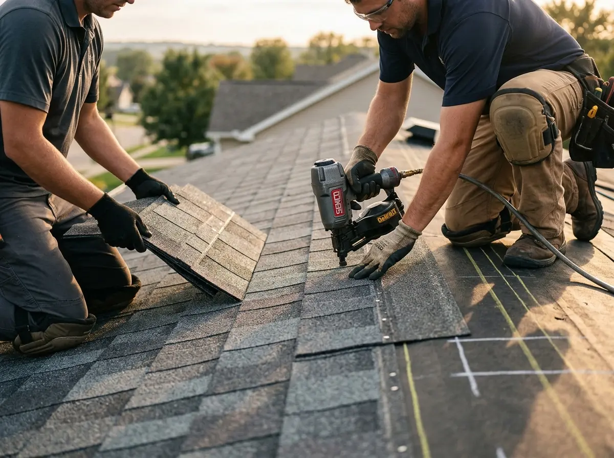 Professional roofer working on a residential roof in South Londonderry